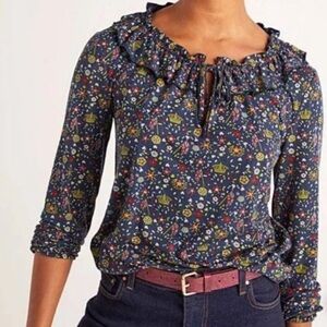 Boden Catriona Ruffle Keyhole Blouse Crown Union Jack Ditsy Floral French Navy 6